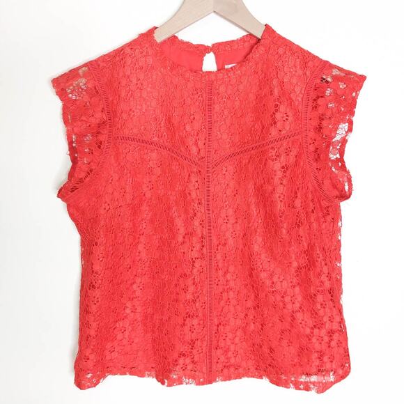 Nanette Lepore Red Lace High Neck Cap Sleeve Blouse Medium - Picture 1 of 7